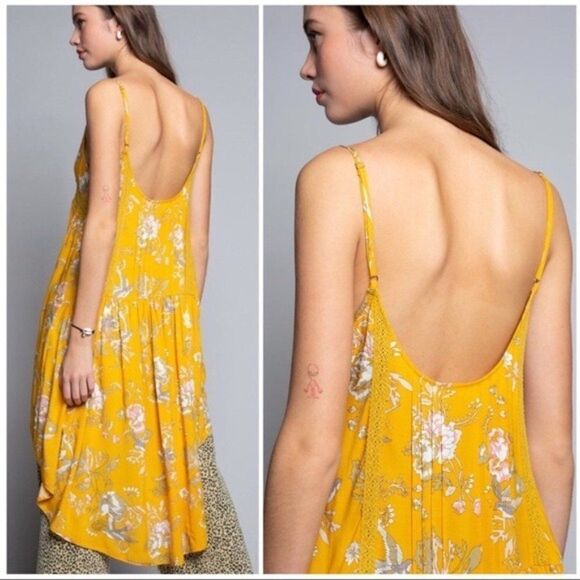 yellow high low Floral Tunic with Spaghetti Straps - Picture 2 of 9